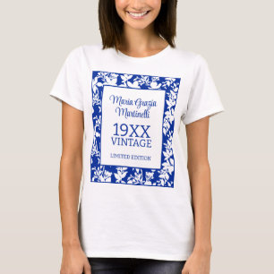 Vintage Year Chic Blue White Floral Birthday T-Shirt