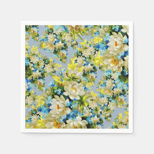 Vintage Yellow and Blue Floral Pattern Napkin (Front)