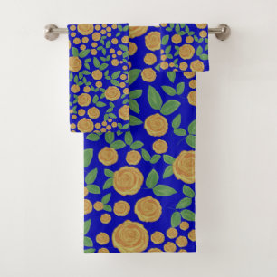 Vintage Yellow and Blue Rose Floral Pattern Bath Towel Set