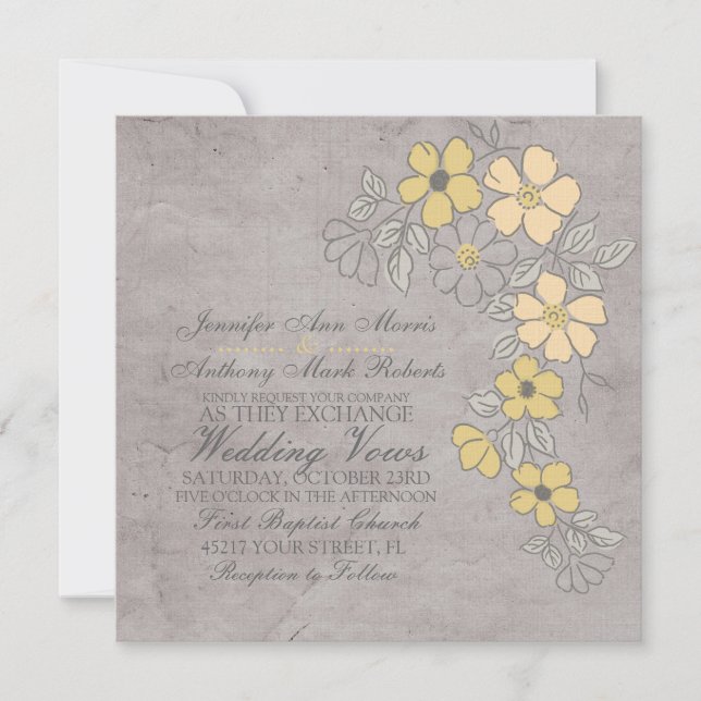 Vintage Yellow and Grey Floral Wedding Invitation (Front)