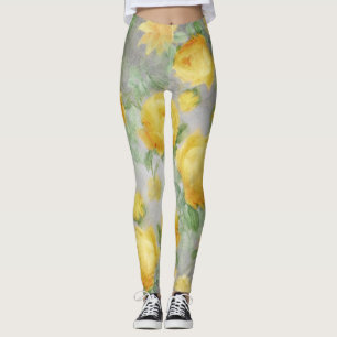 Vintage Yellow and Grey Watercolor Floral Leggings