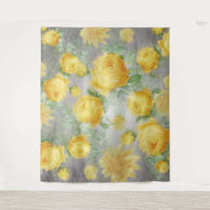 Vintage Yellow and Grey Watercolor Floral Tapestry