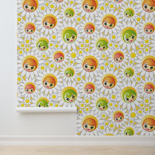 Vintage Yellow and White Floral Daisy Doll Face Wallpaper