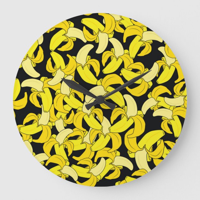 Vintage Yellow Bananas: Black Background Large Clock (Front)