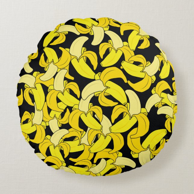 Vintage Yellow Bananas: Black Background Round Cushion (Front)