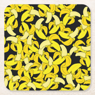 Vintage Yellow Bananas: Black Background Square Paper Coaster
