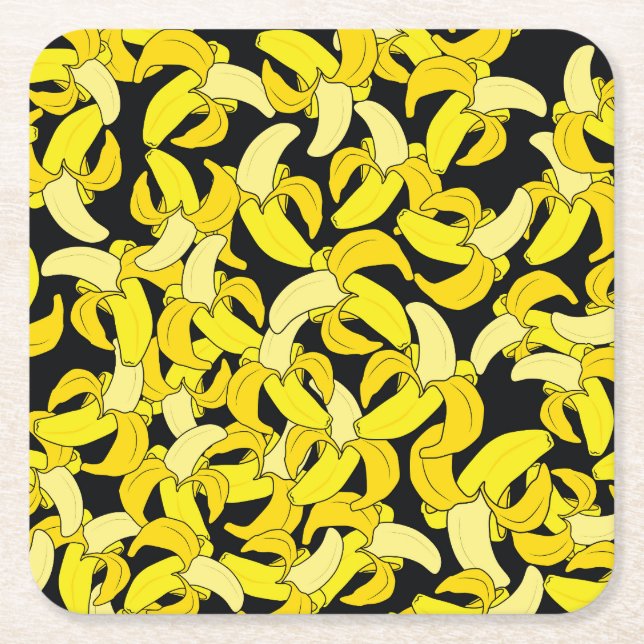 Vintage Yellow Bananas: Black Background Square Paper Coaster (Front)