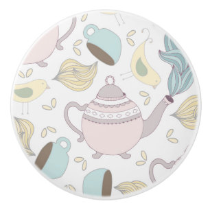 Vintage Yellow Bird Teapot Pastel Blue Cup Tea Ceramic Knob