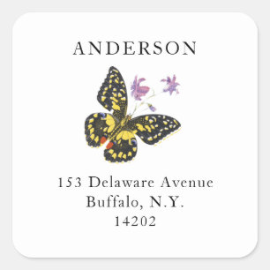 Vintage Yellow Black Butterfly Return Address Square Sticker