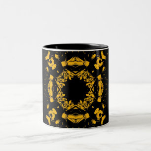 Vintage Yellow, Black Floral Damasks Retro Pattern Two-Tone Coffee Mug