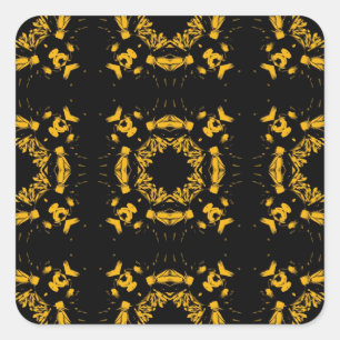 Vintage Yellow, Black Floral Retro Pattern Square Sticker