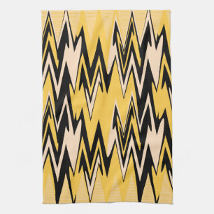 Vintage Yellow, Black Zigzap Abstract Art Deco Tea Towel