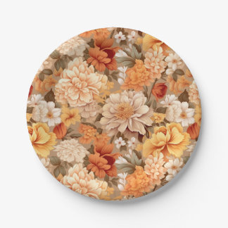 Vintage yellow burnt orange beige tan flowers paper plate
