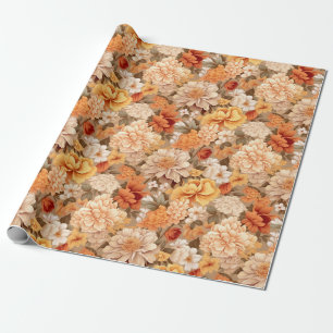 Vintage yellow burnt orange beige tan flowers wrapping paper