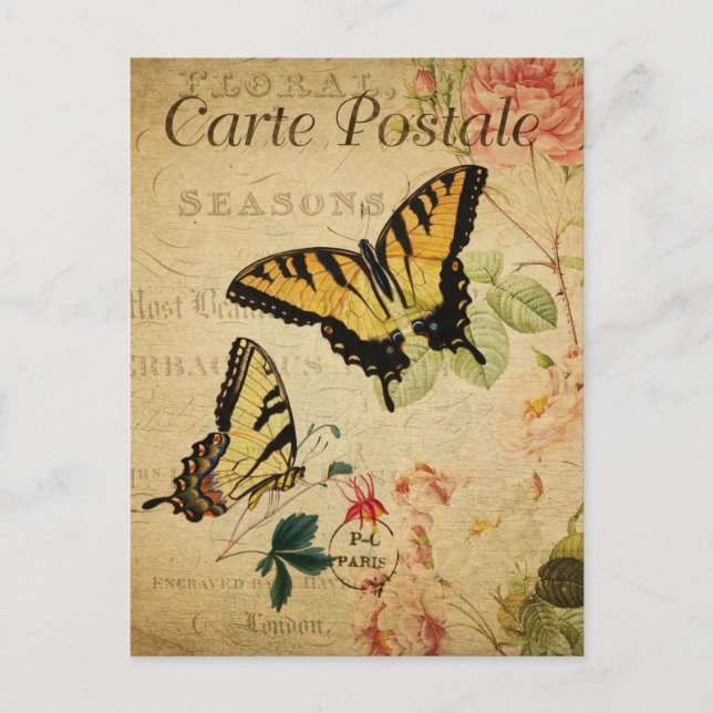 Vintage Yellow Butterflies Floral Flowers French Postcard (Front)