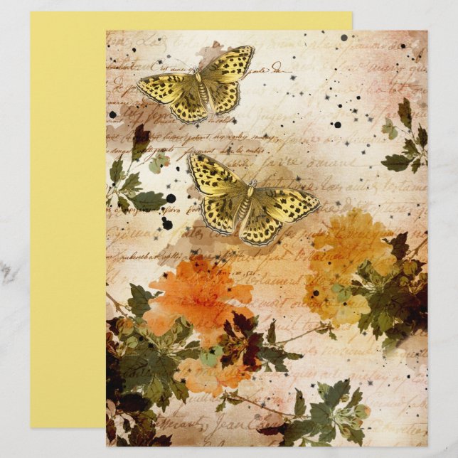 Vintage Yellow Butterflies Floral Scrapbook Paper (Front/Back)