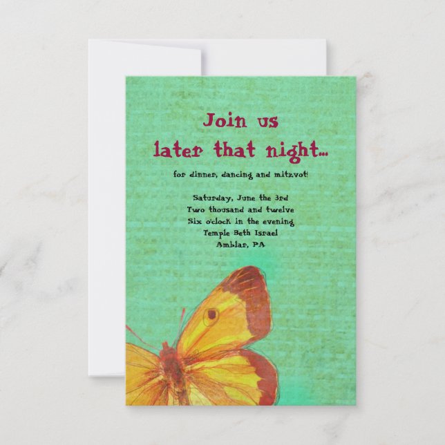VINTAGE YELLOW BUTTERFLY Bat Mitzvah Party Card (Front)