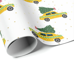Vintage Yellow Cab Taxi Christmas Pattern Wrapping Paper