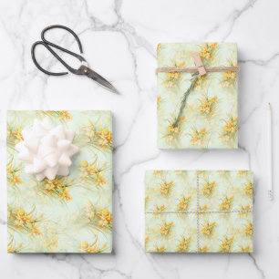 Vintage Yellow Daffodil Floral Flower Flat Wrapping Paper Sheet