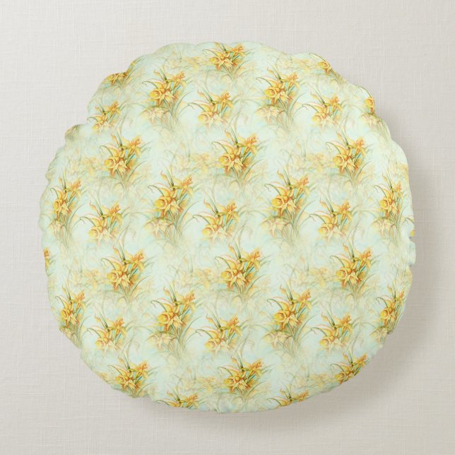 Vintage Yellow Daffodil Floral Flower Round Cushion (Front)