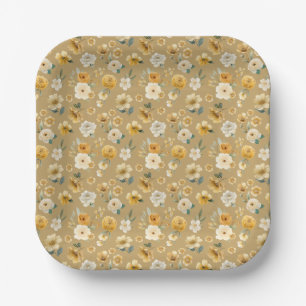 Vintage Yellow Floral Pattern Baby Shower Plate