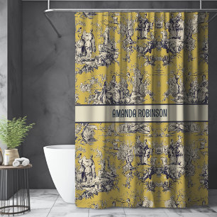 Vintage Yellow Floral Toile de Jouy Lake Monogram Shower Curtain