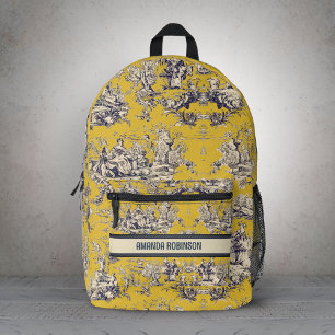 Vintage Yellow Floral Toile de Jouy Monogram Printed Backpack
