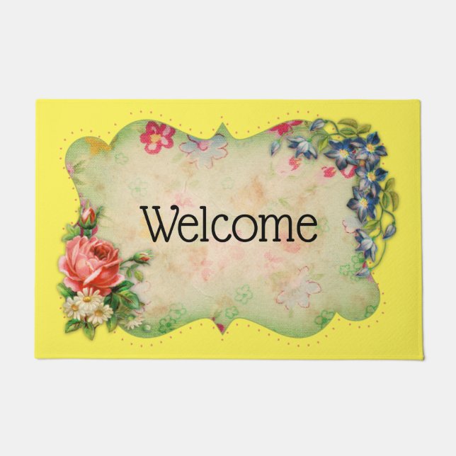 Vintage Yellow Flower Frame Welcome Mat (Front)