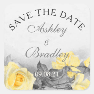 Vintage Yellow Grey Rose Wedding Save the Date Square Sticker