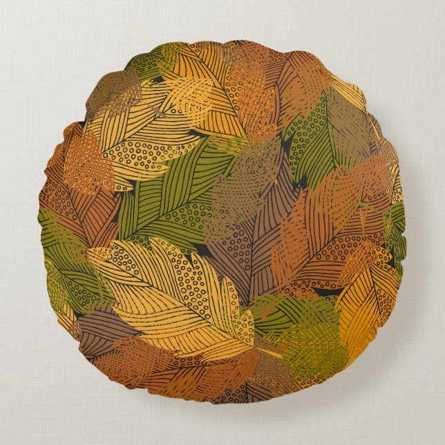 Vintage Yellow: Leafy Dark Elegance. Round Cushion (Front)