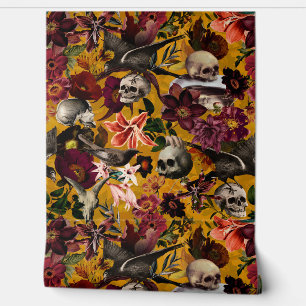 Vintage Yellow Mystic Skull Flower Bird Garden Wallpaper