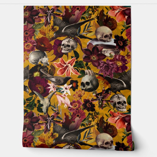 Vintage Yellow Mystic Skull Flower Bird Garden Wallpaper (Unrolling)