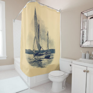 Vintage yellow navy blue sailboat old painting shower curtain