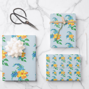 Vintage Yellow Orange Flower Floral Baby Blue Flat Wrapping Paper Sheet