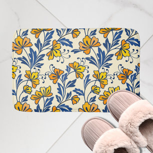 Vintage Yellow Orange Folk Floral Blue Leaf Bath Mat