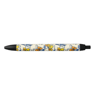 Vintage Yellow Orange Folk Floral Blue Leaf Black Ink Pen