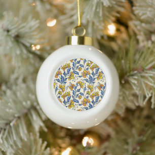 Vintage Yellow Orange Folk Floral Blue Leaf Ceramic Ball Christmas Ornament