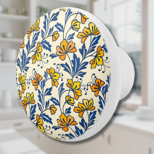 Vintage Yellow Orange Folk Floral Blue Leaf Ceramic Knob