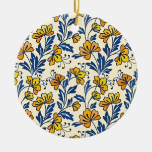 Vintage Yellow Orange Folk Floral Blue Leaf Ceramic Tree Decoration