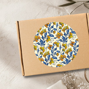 Vintage Yellow Orange Folk Floral Blue Leaf Classic Round Sticker