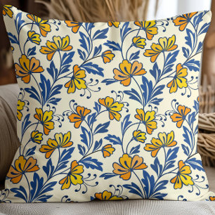 Vintage Yellow Orange Folk Floral Blue Leaf Cushion