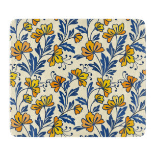 Vintage Yellow Orange Folk Floral Blue Leaf Cutting Board