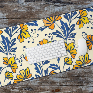 Vintage Yellow Orange Folk Floral Blue Leaf Desk Mat