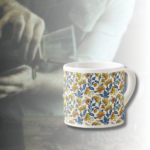 Vintage Yellow Orange Folk Floral Blue Leaf Espresso Cup