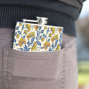 Vintage Yellow Orange Folk Floral Blue Leaf Hip Flask
