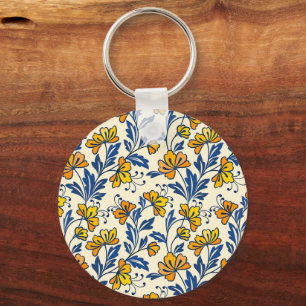 Vintage Yellow Orange Folk Floral Blue Leaf Key Ring