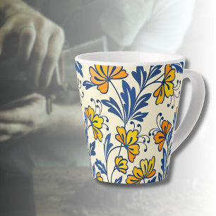 Vintage Yellow Orange Folk Floral Blue Leaf Latte Mug