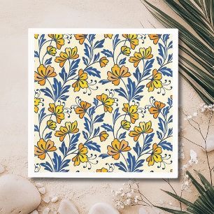 Vintage Yellow Orange Folk Floral Blue Leaf Napkin