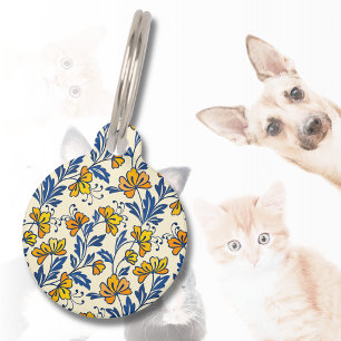 Vintage Yellow Orange Folk Floral Blue Leaf Pet Tag