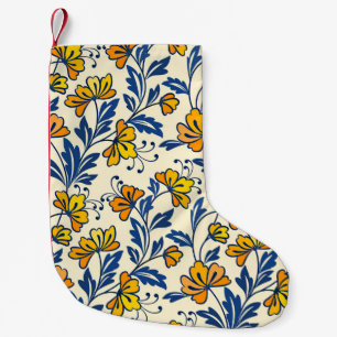 Vintage Yellow Orange Folk Floral Blue Leaf Small Christmas Stocking